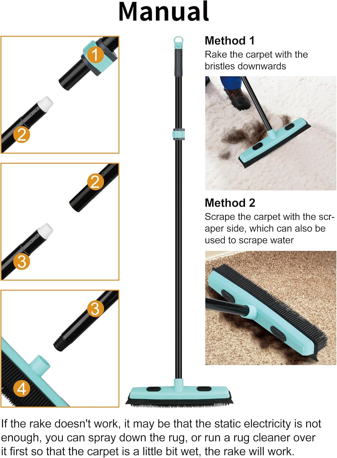 Rubber Broom Carpet Rake for Pet Hair Removal, Fur Remover Broom with 59 Telescoping Long Handle, Pet Hair Broom with Squeegee for Carpet, Hardwood Floor, Tile